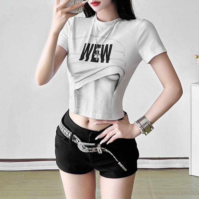 WEW Illusion Abs Crop Top | Edgy Y2K Graphic Tee for Fall & Halloween Street Style