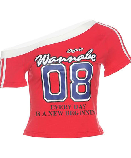 Chic 'Wannabe 08' One Shoulder Crop Top - Y2K Sporty Graphic Tee for Fall Style