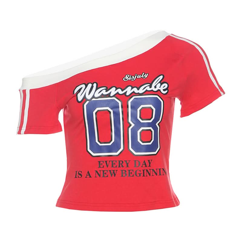 Chic 'Wannabe 08' One Shoulder Crop Top - Y2K Sporty Graphic Tee for Fall Style