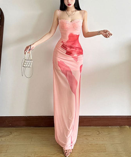 Autumn Bloom Lace Mesh Maxi Dress - Art-Inspired Elegance for Fall Soirées