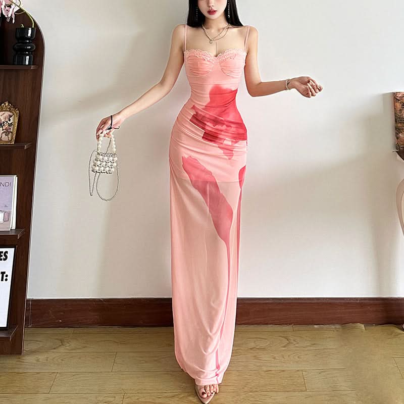 Autumn Bloom Lace Mesh Maxi Dress - Art-Inspired Elegance for Fall Soirées