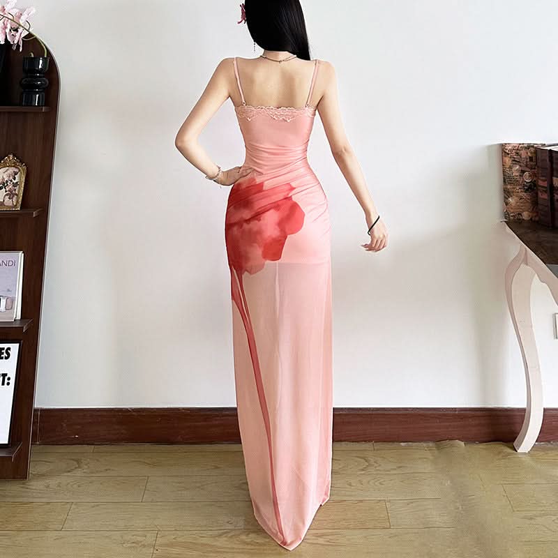 Autumn Bloom Lace Mesh Maxi Dress - Art-Inspired Elegance for Fall Soirées