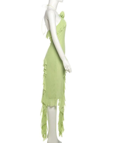 Pistachio Ruffle Halter Midi Dress with Floral Applique – Chic for Fall Events & Resort Getaways