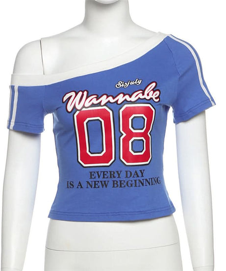 Chic 'Wannabe 08' One Shoulder Crop Top - Y2K Sporty Graphic Tee for Fall Style