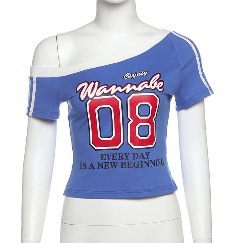 Chic 'Wannabe 08' One Shoulder Crop Top - Y2K Sporty Graphic Tee for Fall Style