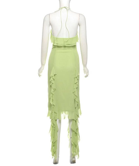 Pistachio Ruffle Halter Midi Dress with Floral Applique – Chic for Fall Events & Resort Getaways