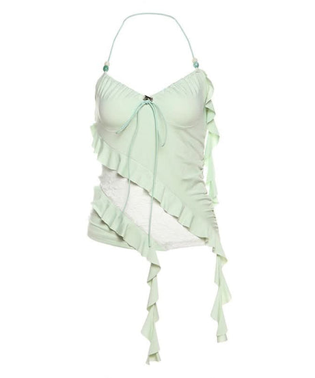 Y2K Fairycore Mint Ruffle & Lace Halter Top - Your Chic Fall Going-Out Essential