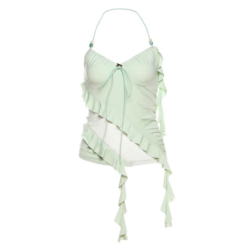 Y2K Fairycore Mint Ruffle & Lace Halter Top - Your Chic Fall Going-Out Essential