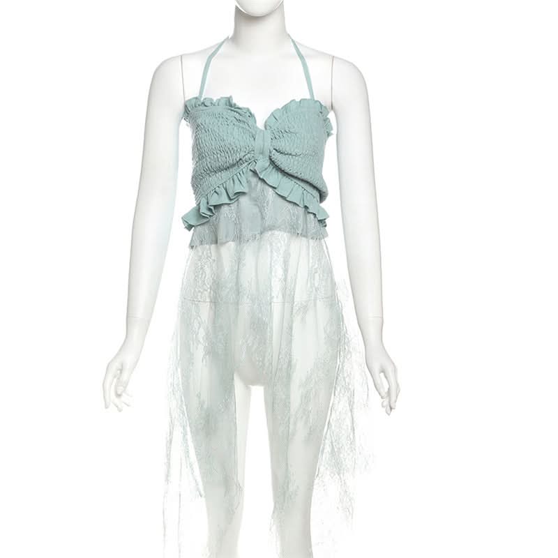 Sage Halter Smocked Top & Lace Palazzo Pants Set | Resort Chic for Fall Getaways