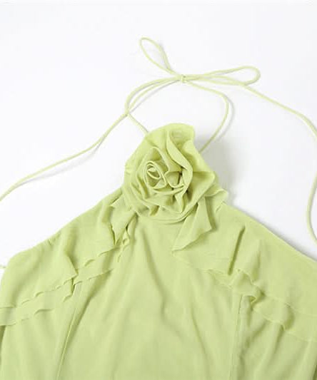 Pistachio Ruffle Halter Midi Dress with Floral Applique – Chic for Fall Events & Resort Getaways