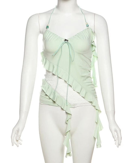 Y2K Fairycore Mint Ruffle & Lace Halter Top - Your Chic Fall Going-Out Essential