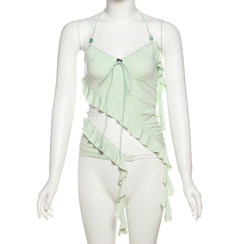Y2K Fairycore Mint Ruffle & Lace Halter Top - Your Chic Fall Going-Out Essential