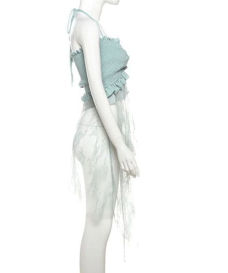 Sage Halter Smocked Top & Lace Palazzo Pants Set | Resort Chic for Fall Getaways