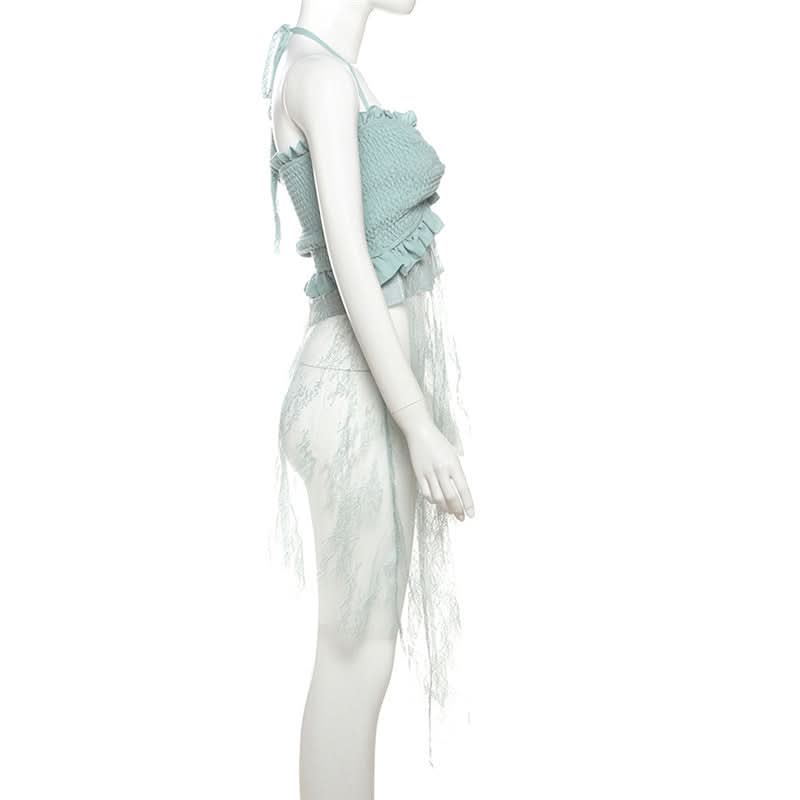 Sage Halter Smocked Top & Lace Palazzo Pants Set | Resort Chic for Fall Getaways