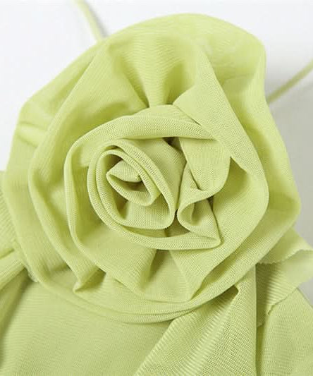 Pistachio Ruffle Halter Midi Dress with Floral Applique – Chic for Fall Events & Resort Getaways