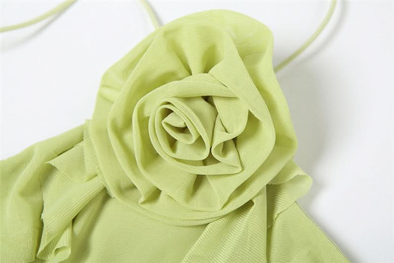 Pistachio Ruffle Halter Midi Dress with Floral Applique – Chic for Fall Events & Resort Getaways