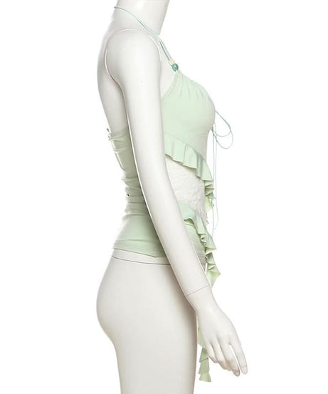 Y2K Fairycore Mint Ruffle & Lace Halter Top - Your Chic Fall Going-Out Essential