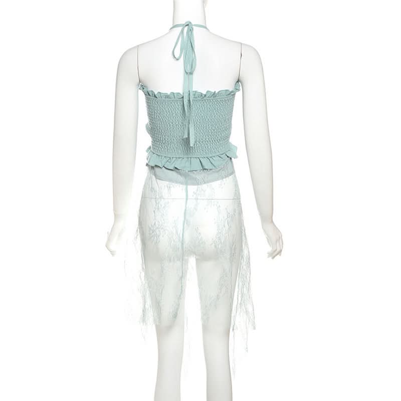 Sage Halter Smocked Top & Lace Palazzo Pants Set | Resort Chic for Fall Getaways