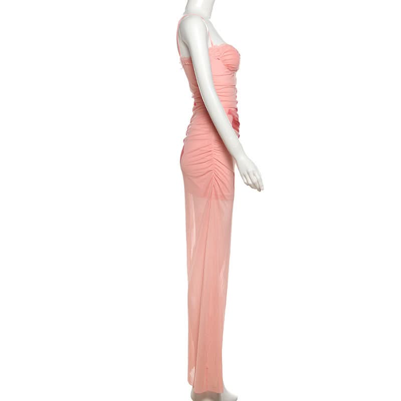 Autumn Bloom Lace Mesh Maxi Dress - Art-Inspired Elegance for Fall Soirées