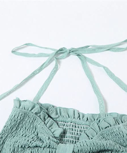 Sage Halter Smocked Top & Lace Palazzo Pants Set | Resort Chic for Fall Getaways