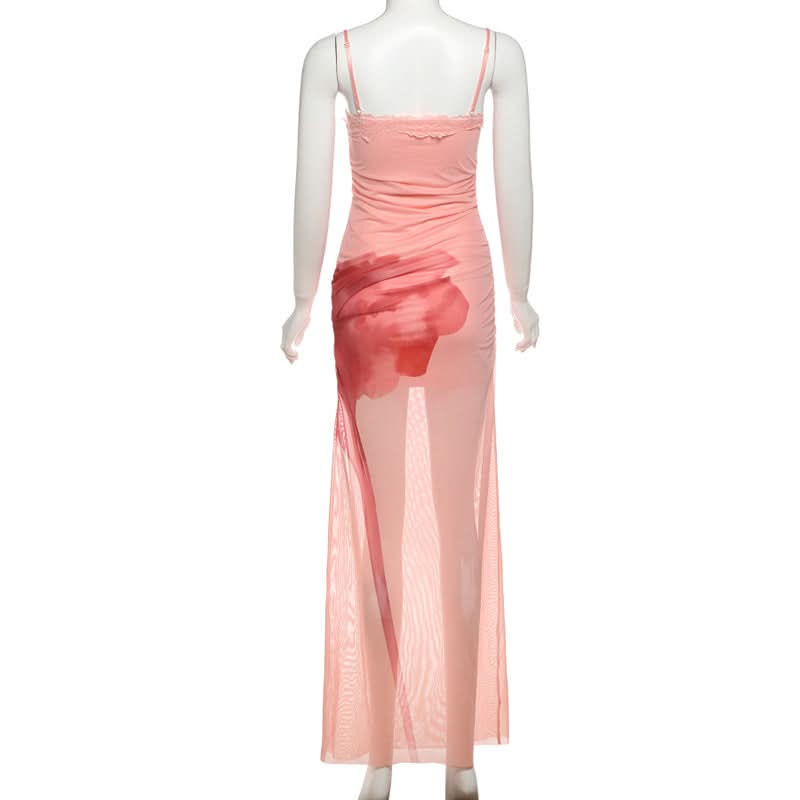 Autumn Bloom Lace Mesh Maxi Dress - Art-Inspired Elegance for Fall Soirées