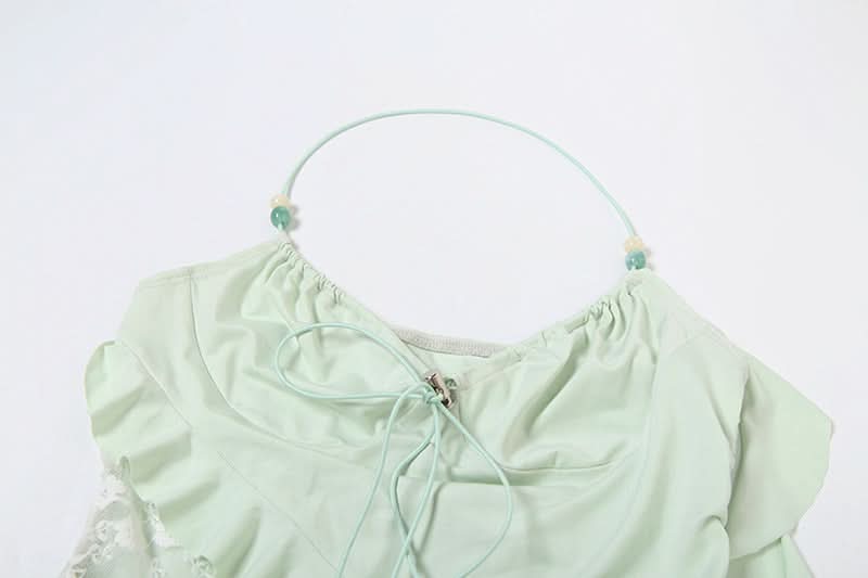 Y2K Fairycore Mint Ruffle & Lace Halter Top - Your Chic Fall Going-Out Essential
