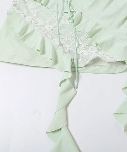 Y2K Fairycore Mint Ruffle & Lace Halter Top - Your Chic Fall Going-Out Essential