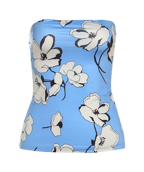 Chic Sky Blue Floral Tube Top - Versatile Strapless for Fall Layering & Resort Style