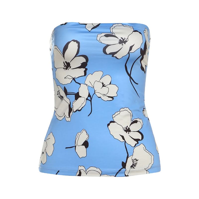 Chic Sky Blue Floral Tube Top - Versatile Strapless for Fall Layering & Resort Style