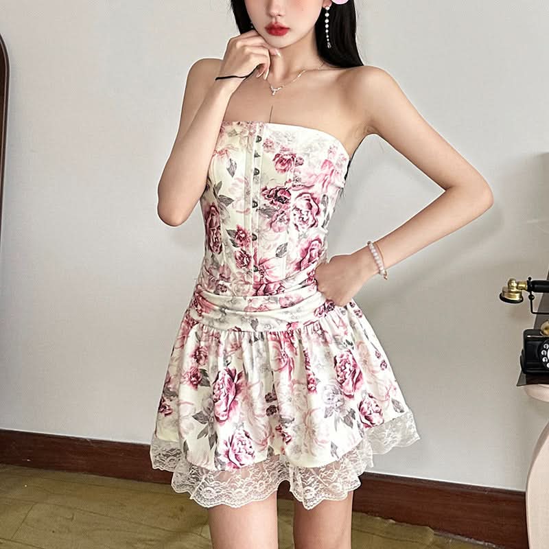 Trending Floral Corset Tube Mini Dress | Strapless & Lace Hem for Fall Getaways & Holiday Parties