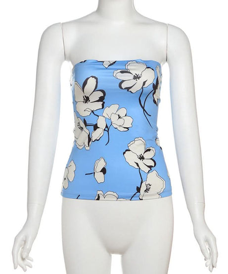 Chic Sky Blue Floral Tube Top - Versatile Strapless for Fall Layering & Resort Style