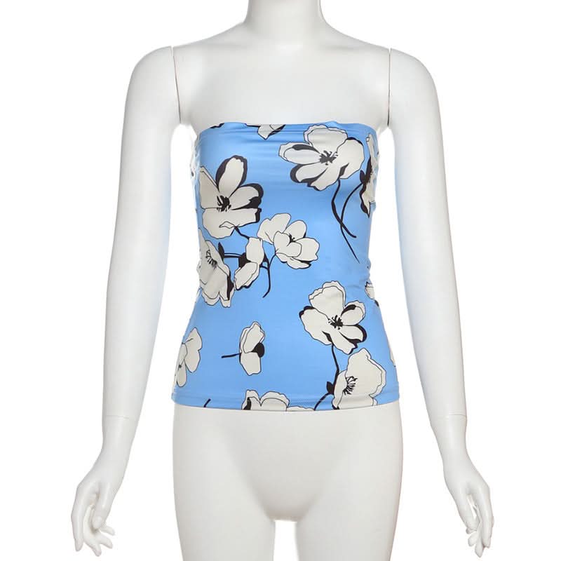 Chic Sky Blue Floral Tube Top - Versatile Strapless for Fall Layering & Resort Style