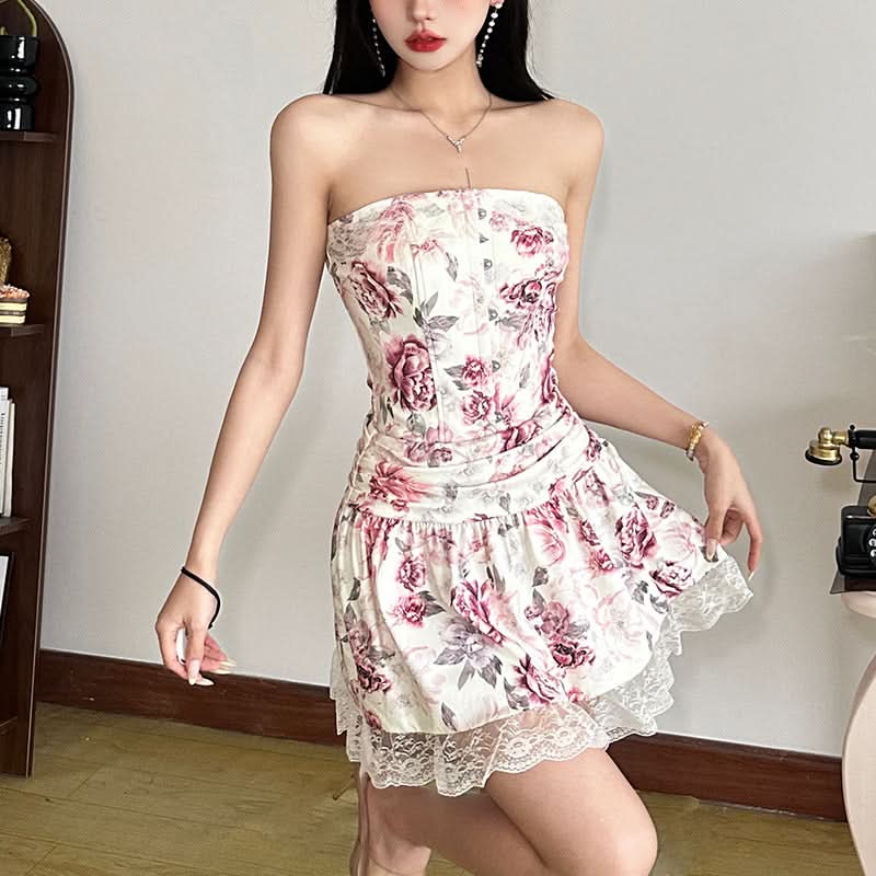 Trending Floral Corset Tube Mini Dress | Strapless & Lace Hem for Fall Getaways & Holiday Parties