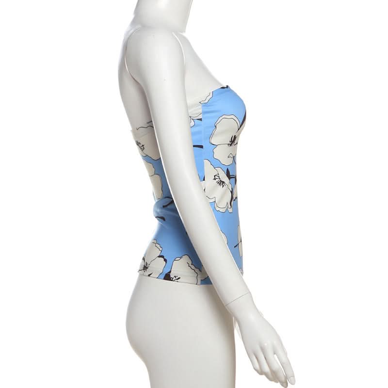 Chic Sky Blue Floral Tube Top - Versatile Strapless for Fall Layering & Resort Style