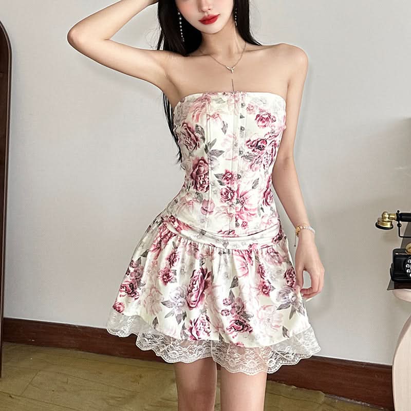 Trending Floral Corset Tube Mini Dress | Strapless & Lace Hem for Fall Getaways & Holiday Parties