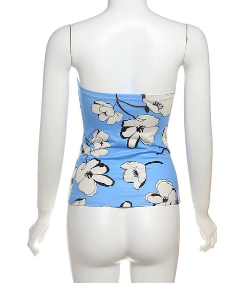 Chic Sky Blue Floral Tube Top - Versatile Strapless for Fall Layering & Resort Style