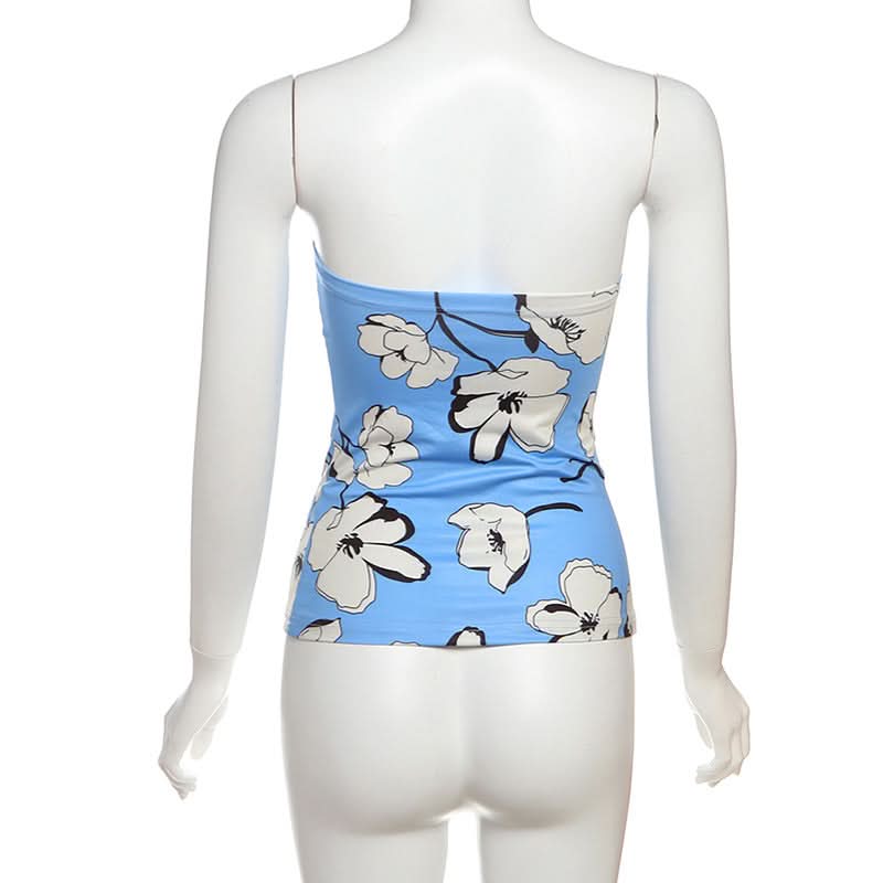 Chic Sky Blue Floral Tube Top - Versatile Strapless for Fall Layering & Resort Style