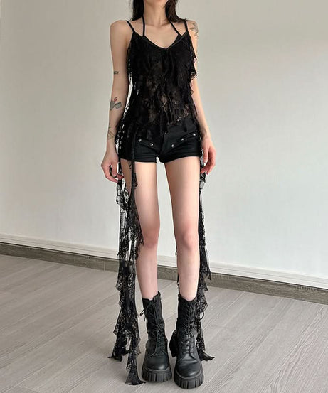 Mystic Midnight Lace Ruffle Cami - Edgy Gothic Drape Top for Fall