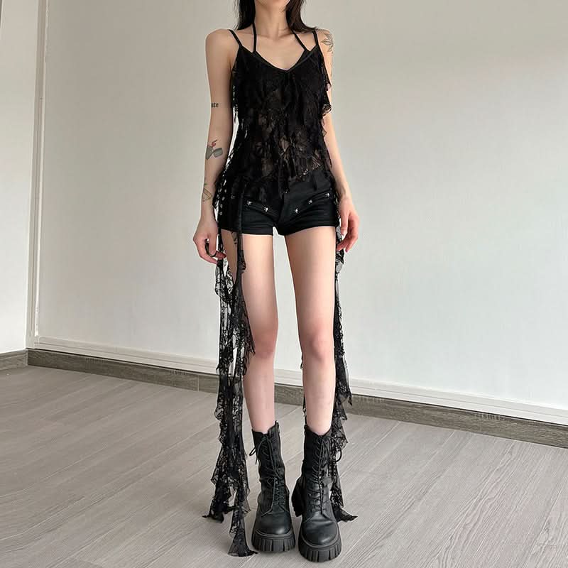 Mystic Midnight Lace Ruffle Cami - Edgy Gothic Drape Top for Fall