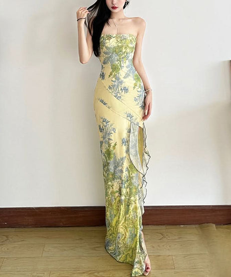 Vibrant Floral Strapless Maxi Dress with Ruffle Slit - Elegant Fall Getaway & Destination Wedding Guest Gown
