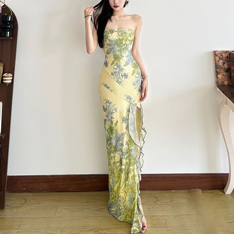 Vibrant Floral Strapless Maxi Dress with Ruffle Slit - Elegant Fall Getaway & Destination Wedding Guest Gown