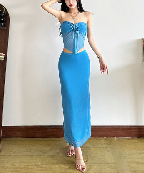 Coastal Chic: Electric Blue Self-Tie Mesh Bandeau & Maxi Skirt Set – Perfect for Vacation & Resort Style