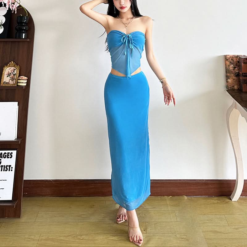 Coastal Chic: Electric Blue Self-Tie Mesh Bandeau & Maxi Skirt Set – Perfect for Vacation & Resort Style