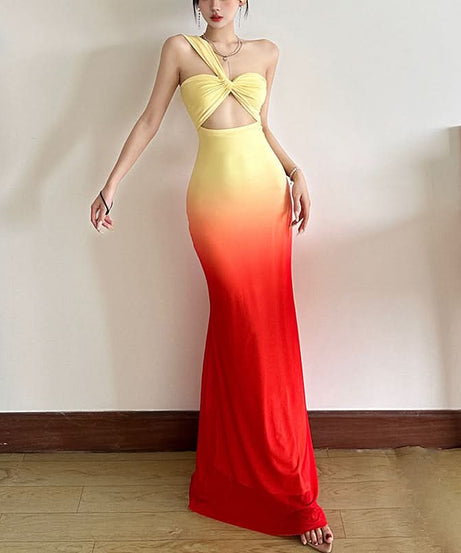 Sunset Ombre One-Shoulder Cutout Maxi Dress | Resort & Holiday Party Glam