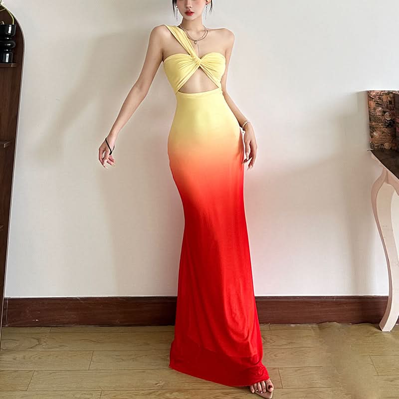 Sunset Ombre One-Shoulder Cutout Maxi Dress | Resort & Holiday Party Glam