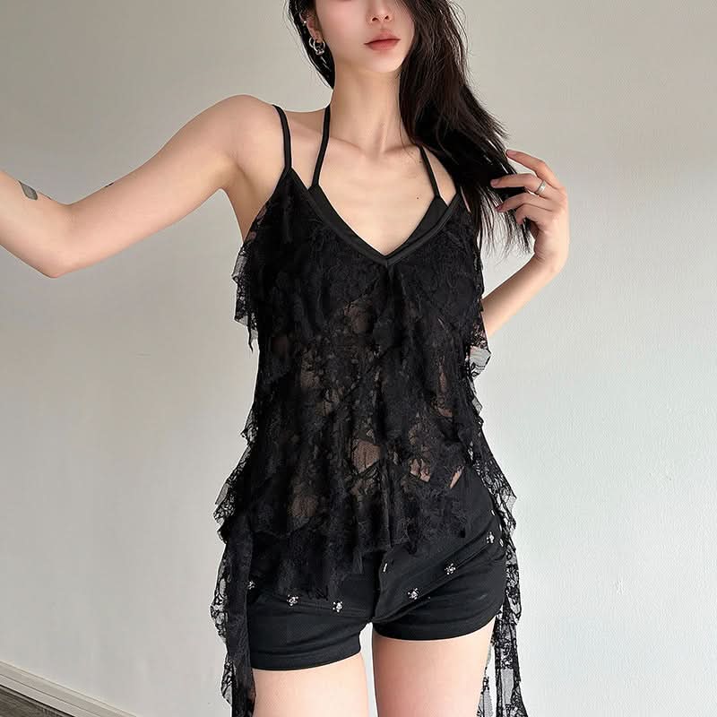 Mystic Midnight Lace Ruffle Cami - Edgy Gothic Drape Top for Fall