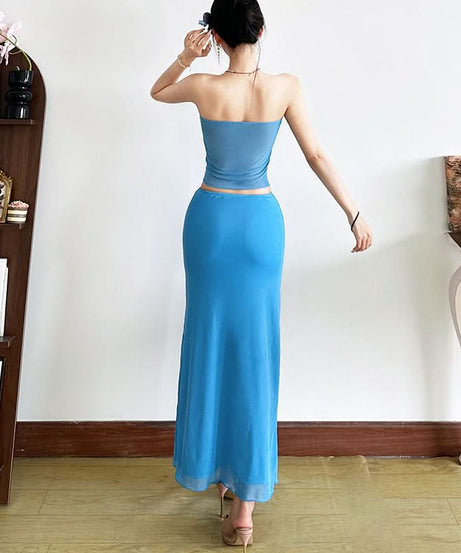 Coastal Chic: Electric Blue Self-Tie Mesh Bandeau & Maxi Skirt Set – Perfect for Vacation & Resort Style