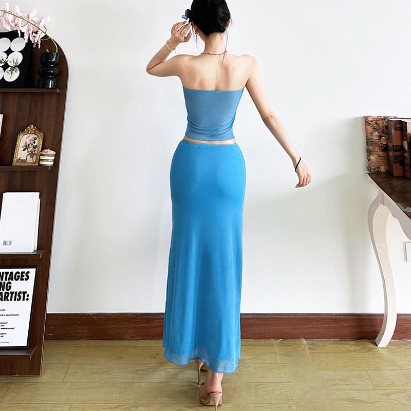 Coastal Chic: Electric Blue Self-Tie Mesh Bandeau & Maxi Skirt Set – Perfect for Vacation & Resort Style