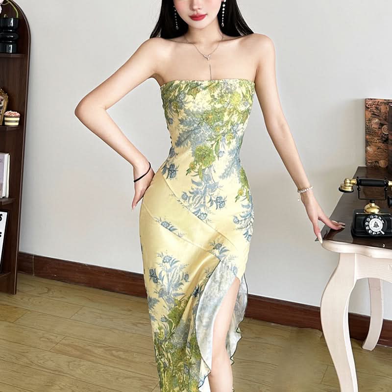 Vibrant Floral Strapless Maxi Dress with Ruffle Slit - Elegant Fall Getaway & Destination Wedding Guest Gown