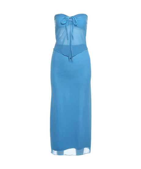 Coastal Chic: Electric Blue Self-Tie Mesh Bandeau & Maxi Skirt Set – Perfect for Vacation & Resort Style